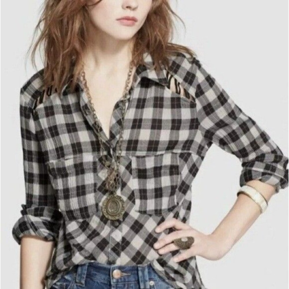 Free People Medium Buffalo Check Button Front Casual Long Sleeve Shirt - Picture 2 of 8